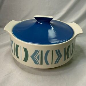 Vintage Caldor Ovenware Mazurka Casserole Dish Lid Blue Green Geometric England